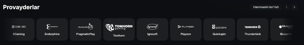 Sneket Casino o'yin provayderlari - BGaming, Endorphina, Pragmatic Play, Tomhorn, Igrosoft, Playson, Quickspin, Thunderkick, Blueprint